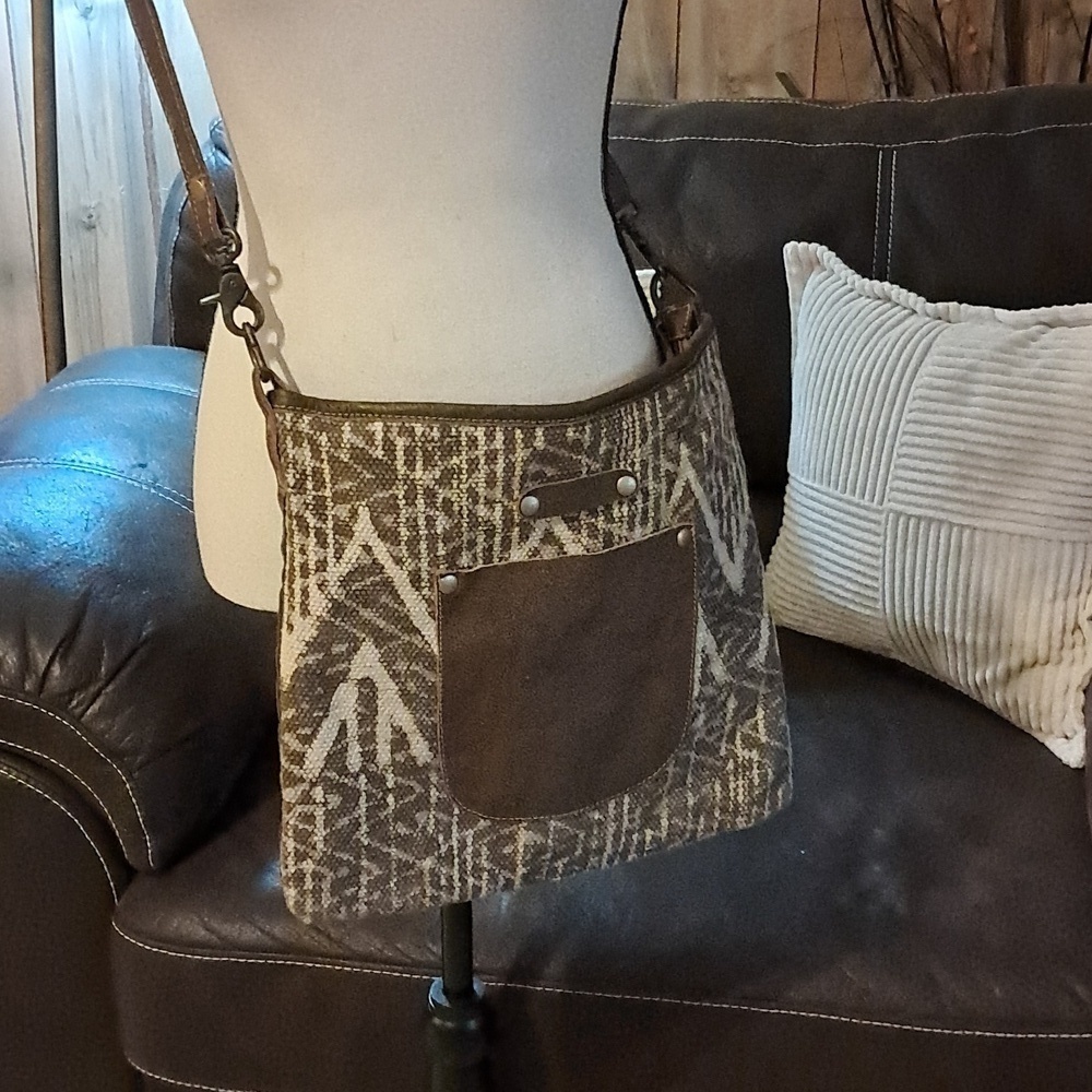 Myra Waco Tribal Cotton Leather Accents Crossbody Tote Bag Festival Boho Hippie